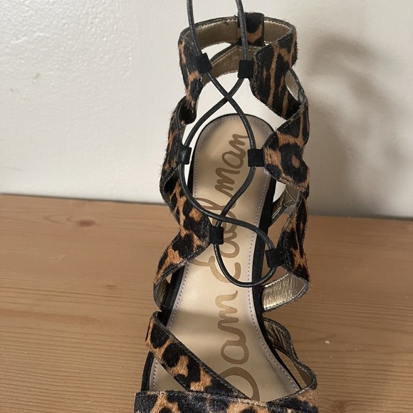 Sam Edelman Block Heels Strappy Sandals 8.5 Gladiator Dyed Cow Fur Leopard Print - Picture 4 of 11